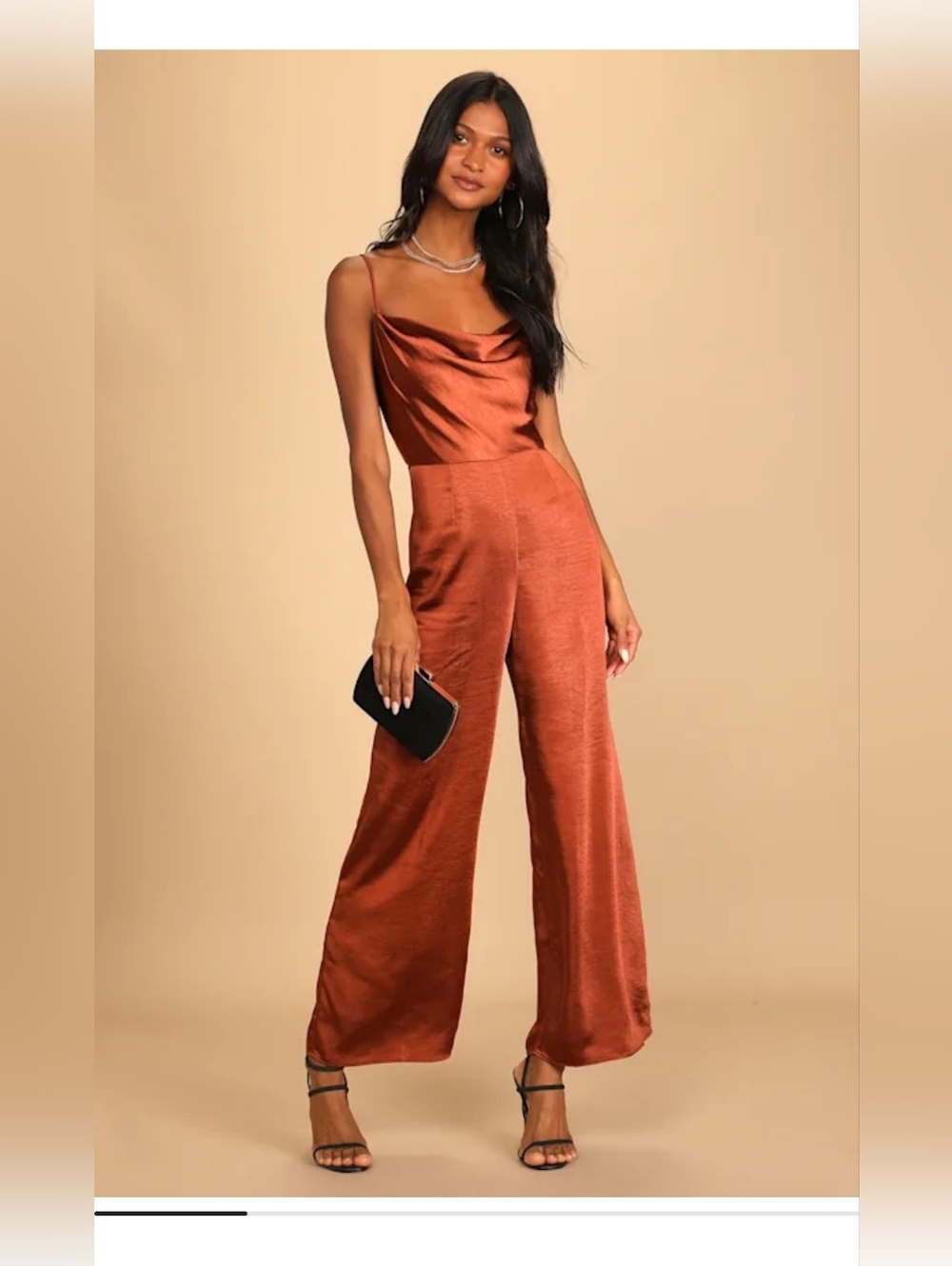 NWOT! Lulu's Summer Resort Lush Brown Satin Women's Cowl Neck Jumpsuit Small